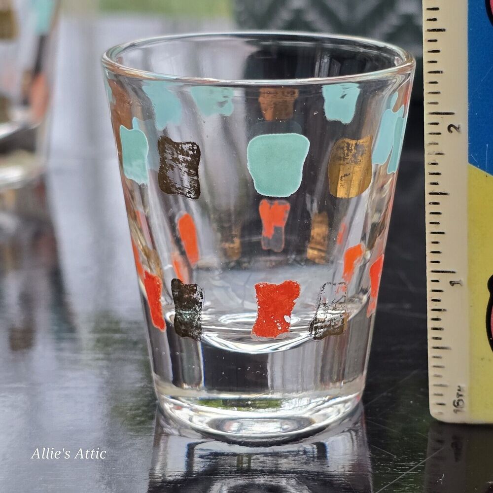 4 Vtg MCM Orange Gold Aqua Teal Blue Atomic Shot Glasses‎ Cocktail Barware Set - Picture 5 of 5